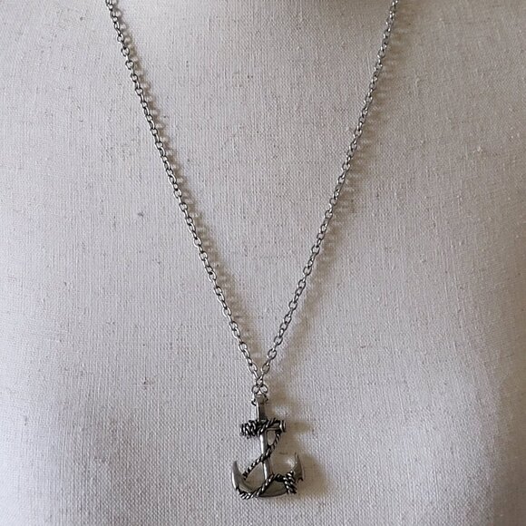Anchor Wrapped Rope Silver Tone Necklace 23" - Picture 6 of 6